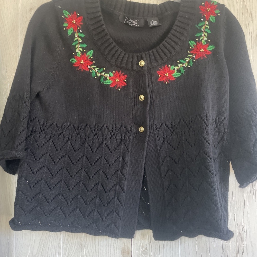 Christmasā Cardigan Crystal Kobe Size L Black W/Red Poinsettias Gold Accents